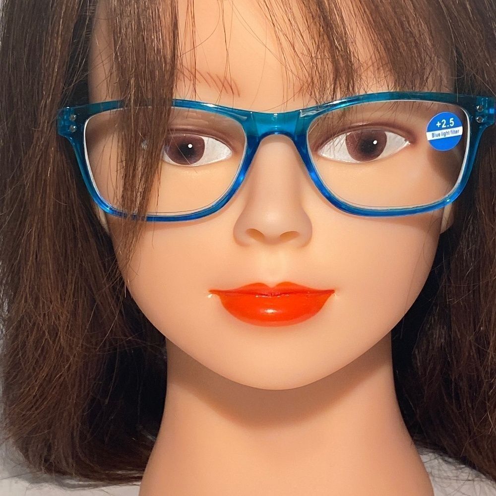 1440 Helen 2.5 Reading Glasses Thin Rectanle Bluelight Filter Blue Frames NWT